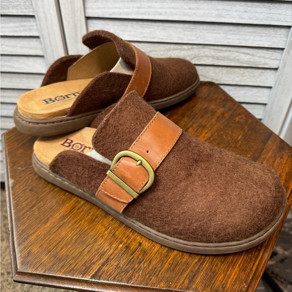 Born Lia - Brown Soft Wool Slippers with Tan Leather Strap - Picture 4 of 7